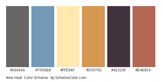 New Heat - Color scheme palette thumbnail - #666666 #709AB8 #FFE9AF #D59750 #42333F #B46854 