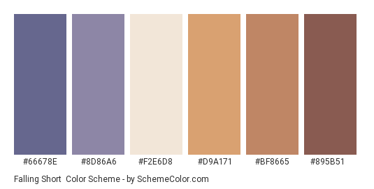 Falling Short - Color scheme palette thumbnail - #66678E #8D86A6 #F2E6D8 #D9A171 #BF8665 #895B51 