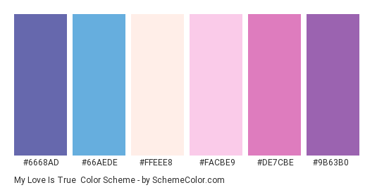 My Love is True - Color scheme palette thumbnail - #6668AD #66AEDE #FFEEE8 #FACBE9 #DE7CBE #9B63B0 