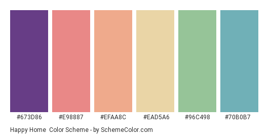 Happy Home - Color scheme palette thumbnail - #673d86 #e98887 #efaa8c #ead5a6 #96c498 #70b0b7 