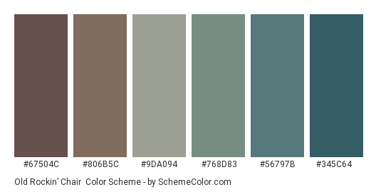 Old Rockin’ Chair - Color scheme palette thumbnail - #67504c #806b5c #9da094 #768d83 #56797b #345c64 