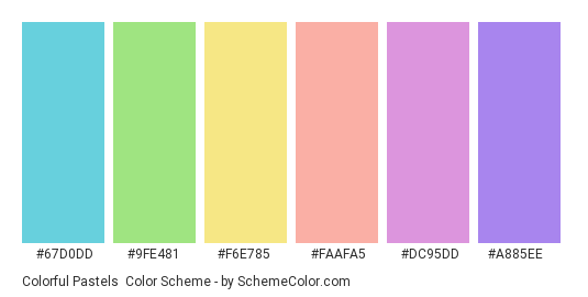 Colorful Pastels - Color scheme palette thumbnail - #67d0dd #9fe481 #f6e785 #faafa5 #dc95dd #a885ee 