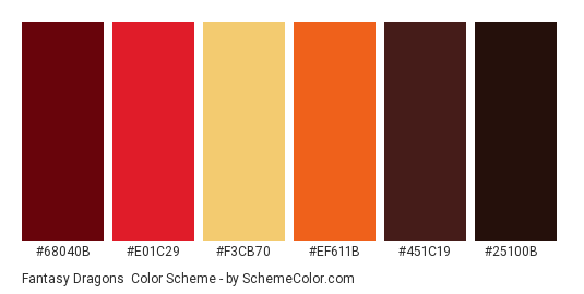 Fantasy Dragons - Color scheme palette thumbnail - #68040b #e01c29 #f3cb70 #ef611b #451c19 #25100b 