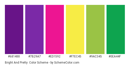 Bright and Pretty - Color scheme palette thumbnail - #681488 #7b29a7 #ed1592 #f7ec45 #9ac345 #0ea44f 