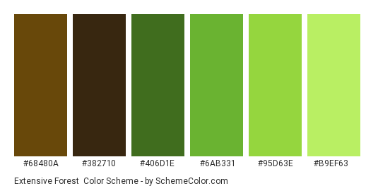 Extensive Forest - Color scheme palette thumbnail - #68480A #382710 #406D1E #6AB331 #95D63E #B9EF63 