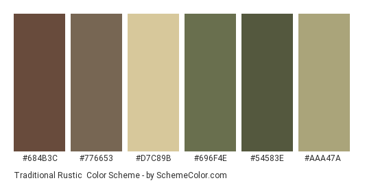Traditional Rustic - Color scheme palette thumbnail - #684b3c #776653 #d7c89b #696f4e #54583e #aaa47a 