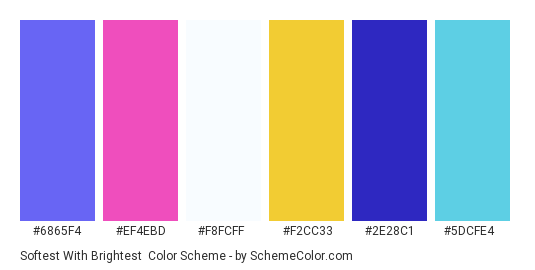 Softest with Brightest - Color scheme palette thumbnail - #6865F4 #EF4EBD #F8FCFF #F2CC33 #2E28C1 #5DCFE4 