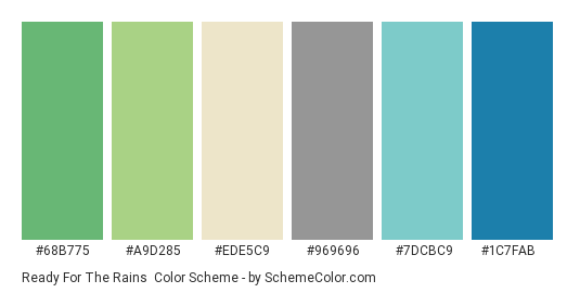 Ready for the Rains - Color scheme palette thumbnail - #68B775 #A9D285 #EDE5C9 #969696 #7DCBC9 #1C7FAB 