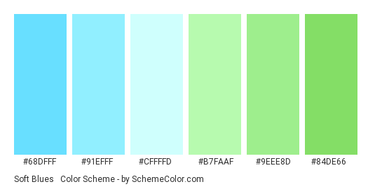 Soft Blues & Greens - Color scheme palette thumbnail - #68dfff #91efff #cffffd #b7faaf #9eee8d #84de66 