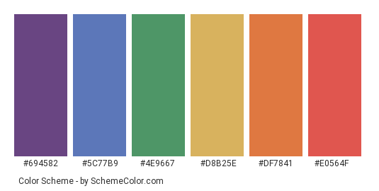 Solidarity - Color scheme palette thumbnail - #694582 #5c77b9 #4e9667 #d8b25e #df7841 #e0564f 