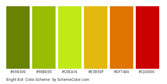 Bright bot - Color scheme palette thumbnail - #698300 #98be00 #c0ea16 #e3b90f #df7400 #cd0000 