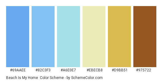 Beach is my Home - Color scheme palette thumbnail - #69aaee #82c3f3 #a6e0e7 #ebecb8 #d9bb51 #975722 
