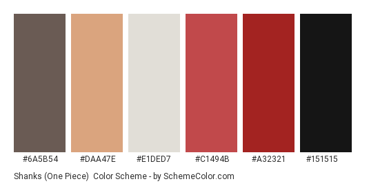 Shanks (One Piece) - Color scheme palette thumbnail - #6A5B54 #DAA47E #E1DED7 #C1494B #A32321 #151515 