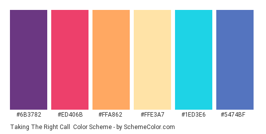 Taking the Right Call - Color scheme palette thumbnail - #6B3782 #ED406B #FFA862 #FFE3A7 #1ED3E6 #5474BF 