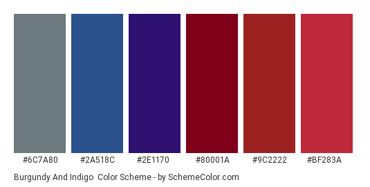 Burgundy and Indigo - Color scheme palette thumbnail - #6C7A80 #2A518C #2E1170 #80001A #9C2222 #BF283A 