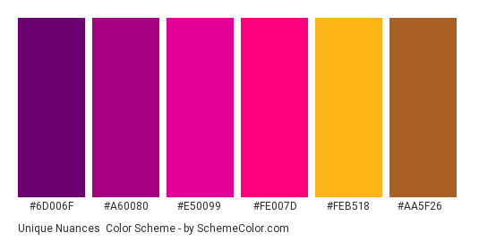 Unique Nuances - Color scheme palette thumbnail - #6D006F #A60080 #E50099 #FE007D #FEB518 #AA5F26 
