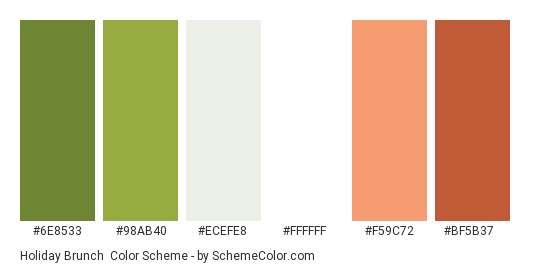 Holiday Brunch - Color scheme palette thumbnail - #6E8533 #98AB40 #ECEFE8 #FFFFFF #F59C72 #BF5B37 