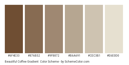 Beautiful Coffee Gradient - Color scheme palette thumbnail - #6F4E33 #876B52 #9F8872 #B6A691 #CEC3B1 #E6E0D0 