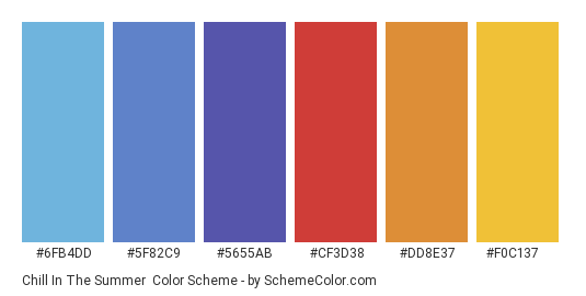 Chill in the Summer - Color scheme palette thumbnail - #6FB4DD #5F82C9 #5655AB #CF3D38 #DD8E37 #F0C137 