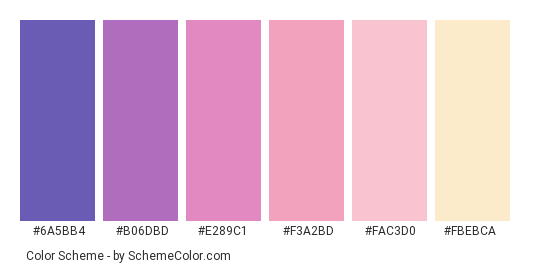 Goodbye Year - Color scheme palette thumbnail - #6a5bb4 #b06dbd #e289c1 #f3a2bd #fac3d0 #fbebca 