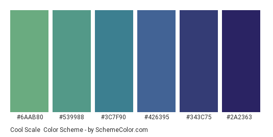 Cool Scale - Color scheme palette thumbnail - #6aab80 #539988 #3c7f90 #426395 #343c75 #2a2363 
