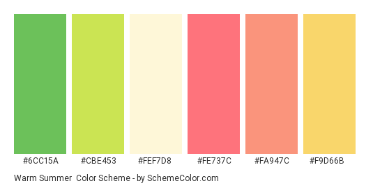 Warm Summer - Color scheme palette thumbnail - #6cc15a #cbe453 #fef7d8 #fe737c #fa947c #f9d66b 