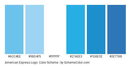 American Express Logo - Color scheme palette thumbnail - #6cc4ee #9bd4f5 #ffffff #27aee3 #1d8ece #2e77bb 