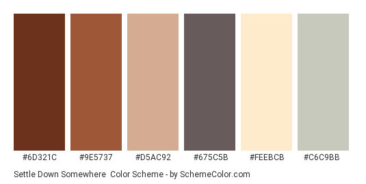 Settle Down Somewhere - Color scheme palette thumbnail - #6d321c #9e5737 #d5ac92 #675c5b #feebcb #c6c9bb 