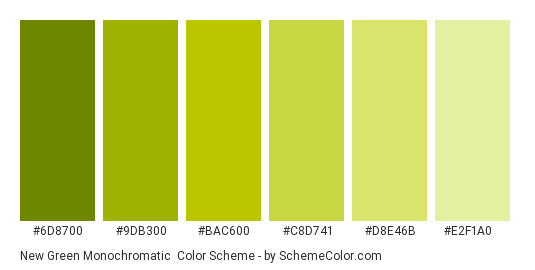 New Green Monochromatic - Color scheme palette thumbnail - #6d8700 #9db300 #bac600 #c8d741 #d8e46b #e2f1a0 