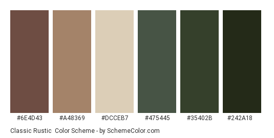 Classic Rustic - Color scheme palette thumbnail - #6e4d43 #a48369 #dcceb7 #475445 #35402b #242a18 
