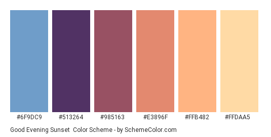 Good Evening Sunset - Color scheme palette thumbnail - #6f9dc9 #513264 #985163 #e3896f #ffb482 #ffdaa5 
