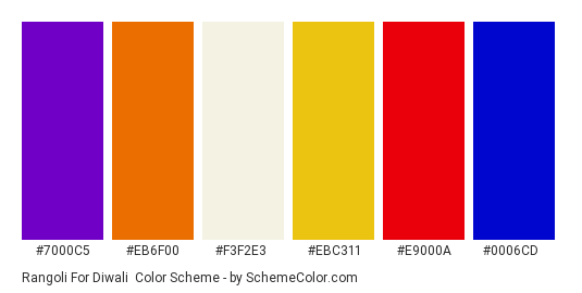 Rangoli for Diwali - Color scheme palette thumbnail - #7000C5 #EB6F00 #F3F2E3 #EBC311 #E9000A #0006CD 