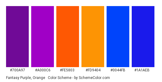 Fantasy Purple, Orange & Blue - Color scheme palette thumbnail - #700a97 #a000c6 #fe5803 #fd9404 #0044fb #1a1aeb 