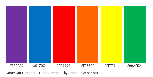 Basic But Complete - Color scheme palette thumbnail - #7030A2 #0170C1 #FE0002 #FF6600 #FFFF01 #00AF52 