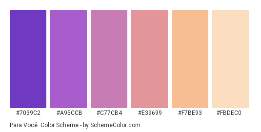 Para Você - Color scheme palette thumbnail - #7039c2 #a95ccb #c77cb4 #e39699 #f7be93 #fbdec0 