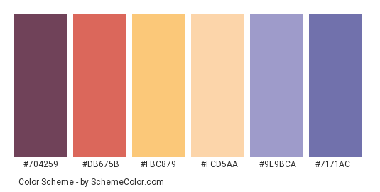 Sea Sunset - Color scheme palette thumbnail - #704259 #db675b #fbc879 #fcd5aa #9e9bca #7171ac 