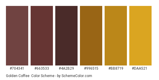 Golden Coffee - Color scheme palette thumbnail - #704341 #663533 #4a2b29 #996515 #bb8719 #daa521 