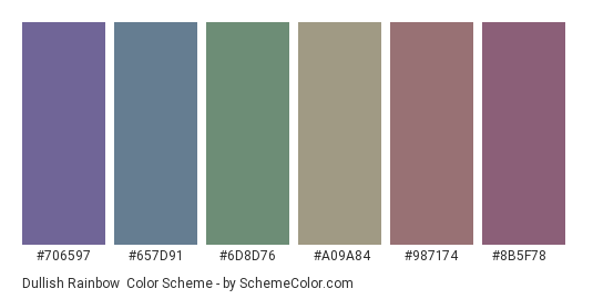 Dullish Rainbow - Color scheme palette thumbnail - #706597 #657d91 #6d8d76 #a09a84 #987174 #8b5f78 