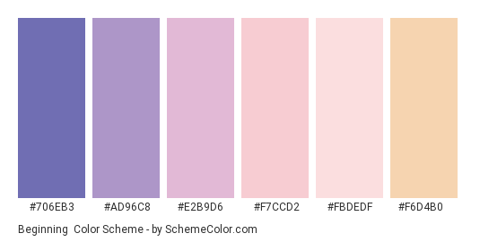 Beginning - Color scheme palette thumbnail - #706eb3 #ad96c8 #e2b9d6 #f7ccd2 #fbdedf #f6d4b0 