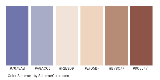 Women Photo Filter - Color scheme palette thumbnail - #7075AB #A8ACC6 #F2E3D9 #EFD5BF #B78C77 #8C5547 