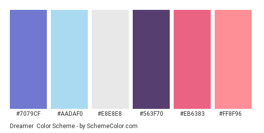 Dreamer - Color scheme palette thumbnail - #7079CF #AADAF0 #E8E8E8 #563F70 #EB6383 #FF8F96 