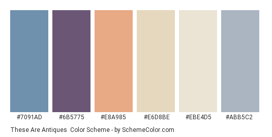 These are Antiques - Color scheme palette thumbnail - #7091AD #6B5775 #E8A985 #E6D8BE #EBE4D5 #ABB5C2 