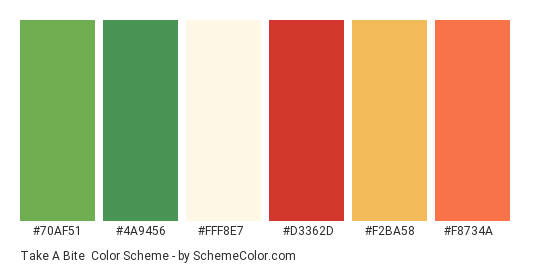 Take a Bite - Color scheme palette thumbnail - #70af51 #4a9456 #fff8e7 #d3362d #f2ba58 #f8734a 