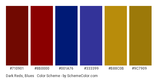Dark Reds, Blues & Golds - Color scheme palette thumbnail - #710901 #8b0000 #001A76 #333399 #B88C0B #9C7909 