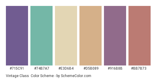 Vintage Class - Color scheme palette thumbnail - #715C91 #74B7A7 #E3D6B4 #D5B089 #916B8B #BB7B73 
