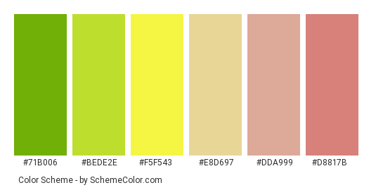 Tree Frog - Color scheme palette thumbnail - #71B006 #BEDE2E #F5F543 #E8D697 #DDA999 #D8817B 
