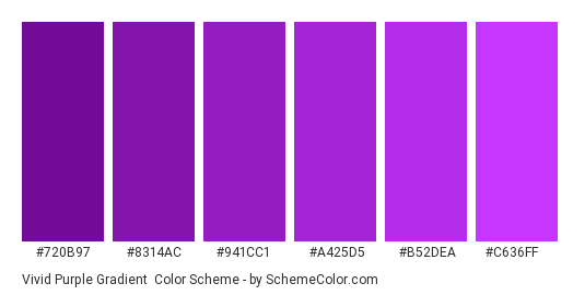 Vivid Purple Gradient - Color scheme palette thumbnail - #720B97 #8314AC #941CC1 #A425D5 #B52DEA #C636FF 
