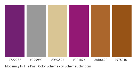 Modernity in the Past - Color scheme palette thumbnail - #722072 #999999 #d9c594 #931874 #ab662c #975316 