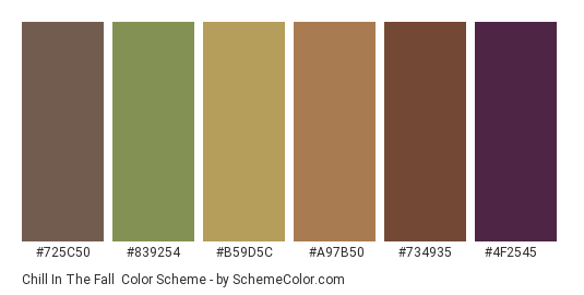 Chill in the Fall - Color scheme palette thumbnail - #725c50 #839254 #b59d5c #a97b50 #734935 #4f2545 