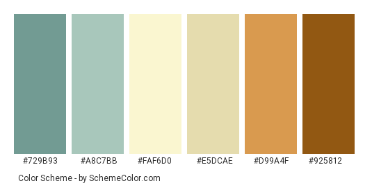 Nutty Table - Color scheme palette thumbnail - #729b93 #a8c7bb #faf6d0 #e5dcae #d99a4f #925812 